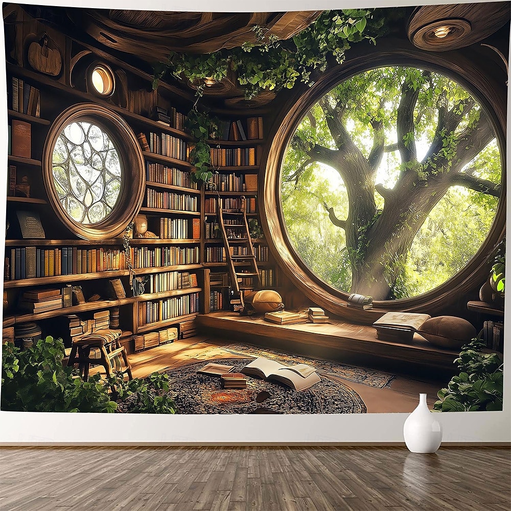 3D Magic Library Wall Tapestry Fantasy Bookcase Window View Wall ...