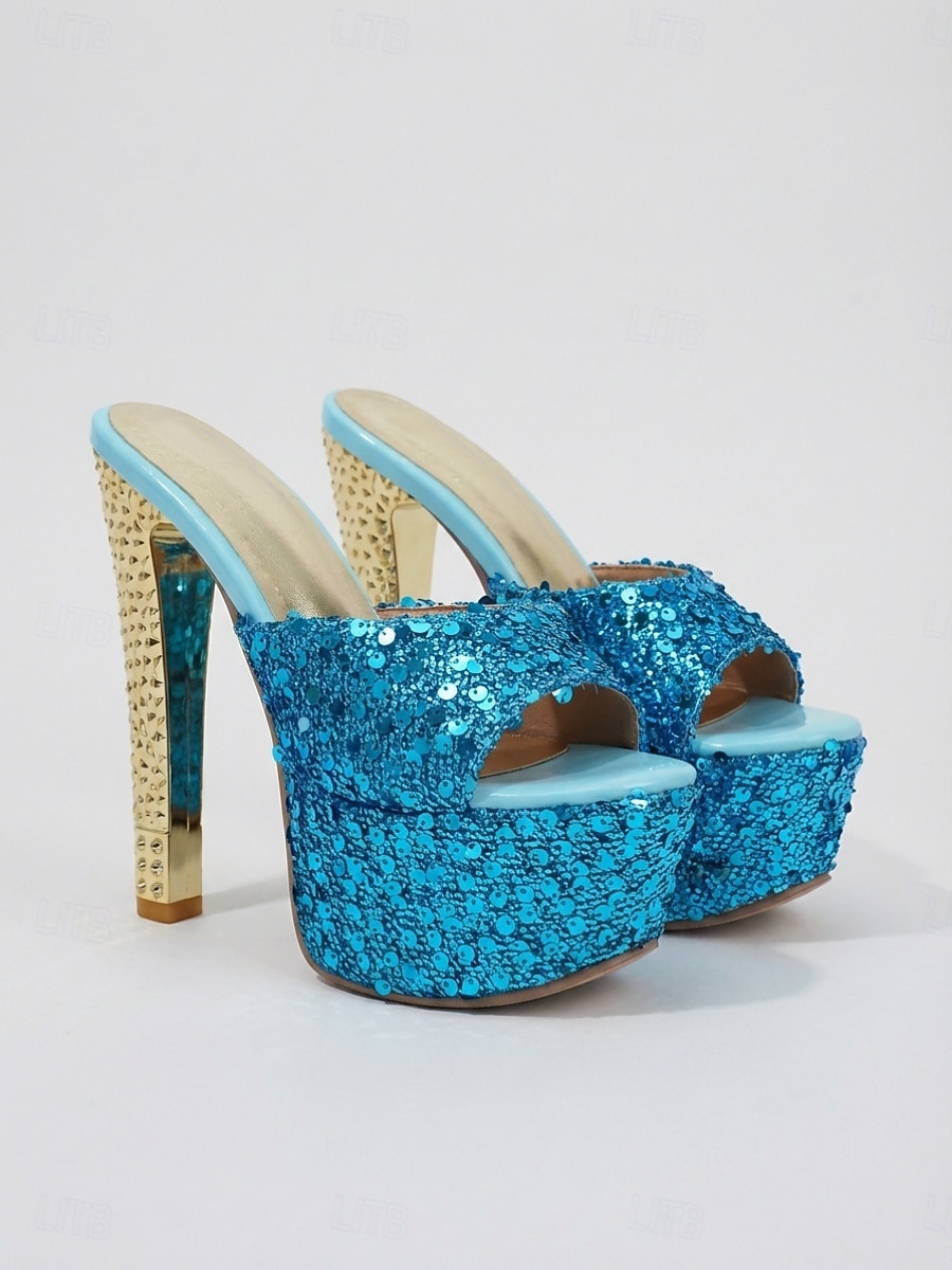 Damessandalen met blauwe glitterplateauhak en open neus, perfect voor een feestje of avondje uit in de club. &glamoureuze avondlooks 2026 - $59.99 –P1