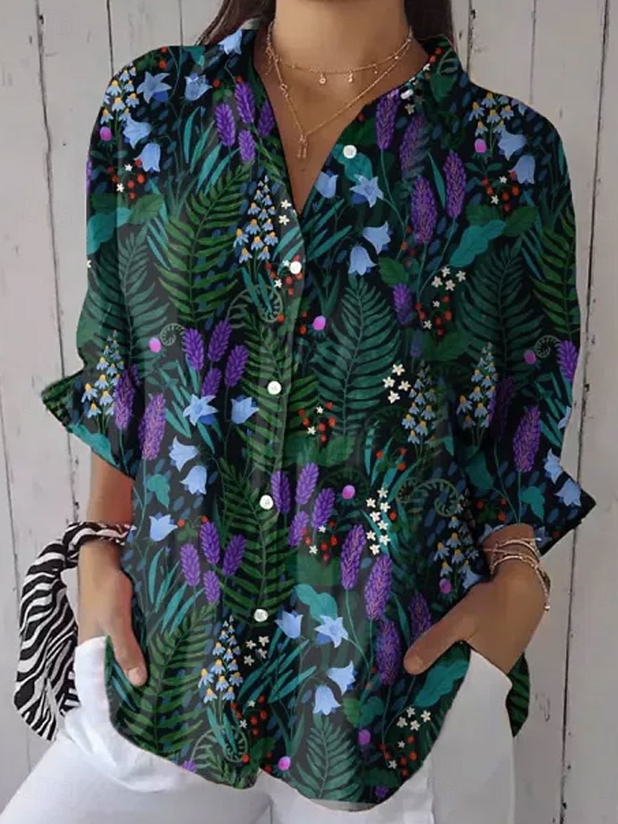 Dames Overhemd Bloemig Grafisch Elegant Vakantie Stijlvol 3/4 mouw Overhemdkraag Normale tops Casual Dagelijks Werk blauw Blozend Roze Paars Groen Zomer Lente 2026 - $39.99 –P5