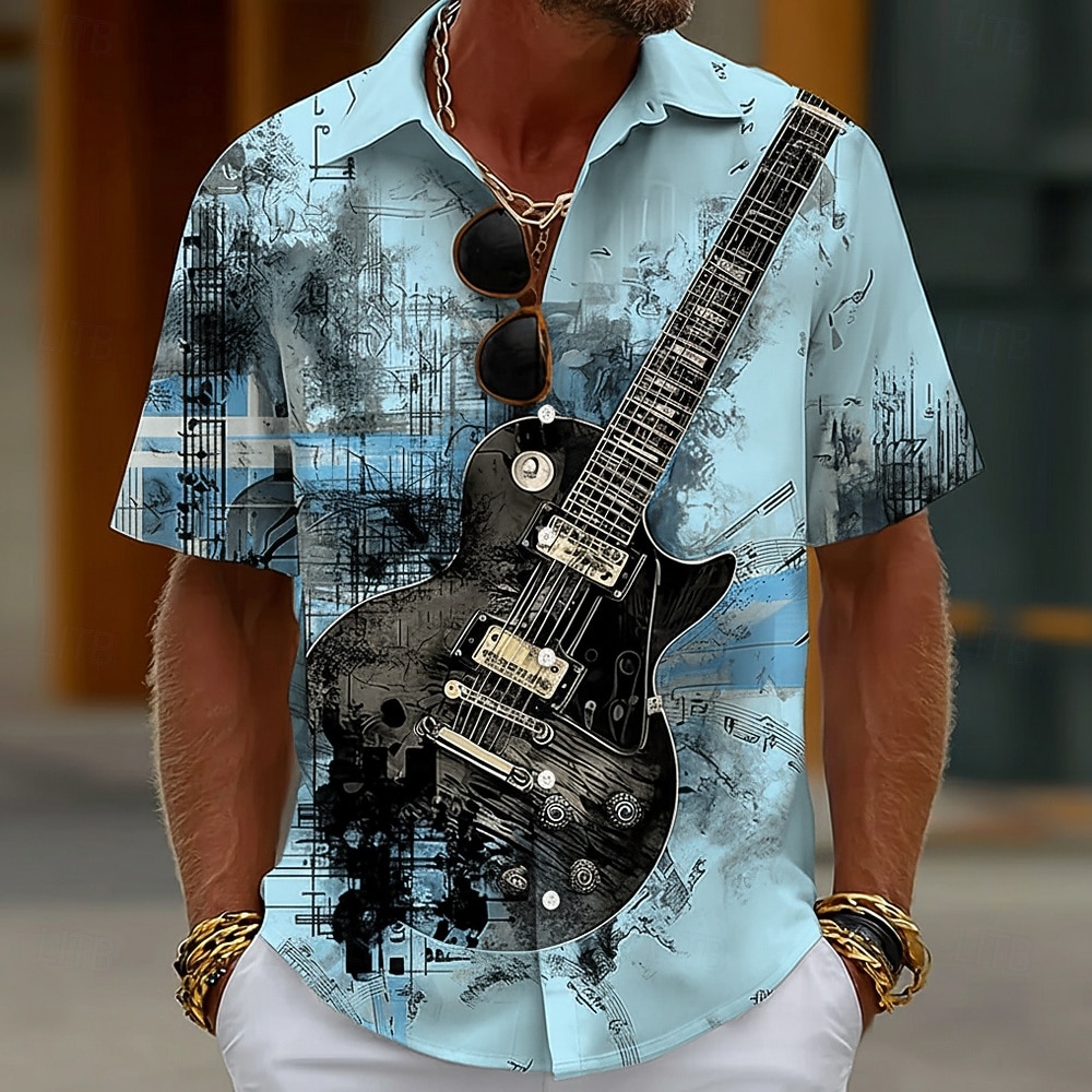 Męskie Gitara Instrument muzyczny Nuty Koszula Zapinana na guziki koszula Krótki rękaw Vintage Retro Codzienny Festiwal Muzyczny Lato Wiosna Wieczorne Druk 3D koszule z kołnierzykiem Niebieski Biały 2026 - $25.99 –P4