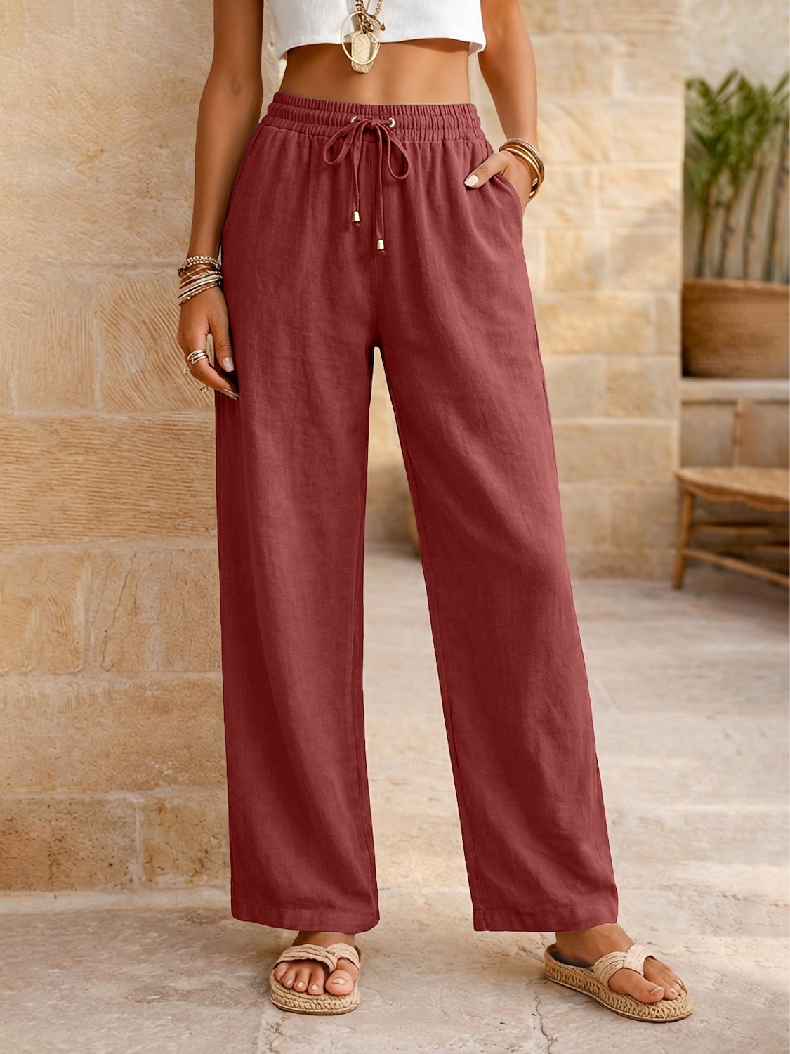 Women's Cotton Linen Pants Summer Pants Pants Trousers Vacation Basic Casual Daily Full Length Natural Plain Drawstring Front Pocket Comfort Breathability Comfortable Inelastic Daily Going out Weekend 2026 - $22.99 –P9