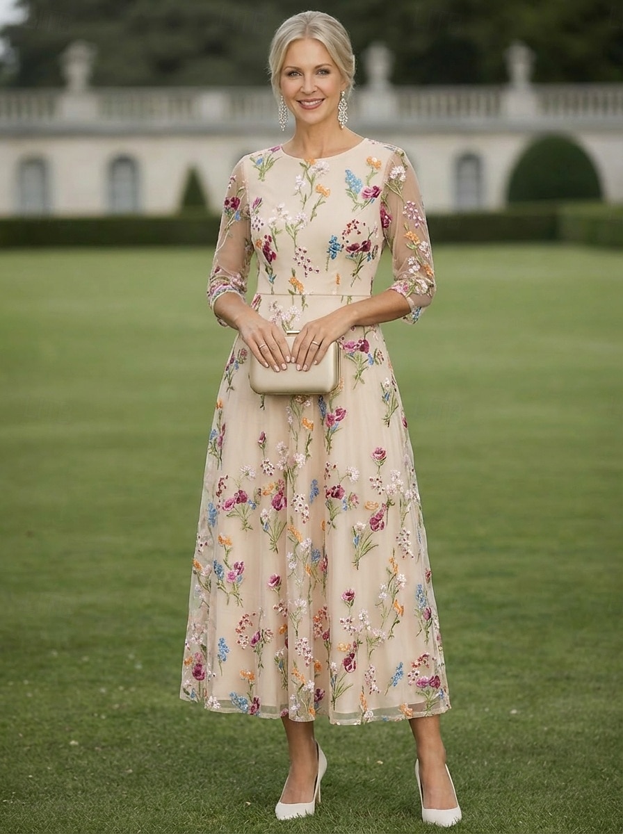 Linea ad A Abito Lunghezza Tè Abito da Cocktail Abito da invitata a nozze Abito da cerimonia per signora Manica 3/4 Girocollo Elegante Casual Formale Ospite di nozze Derby del Kentucky Chiffon Tulle del 2026 a $159.99 –P2