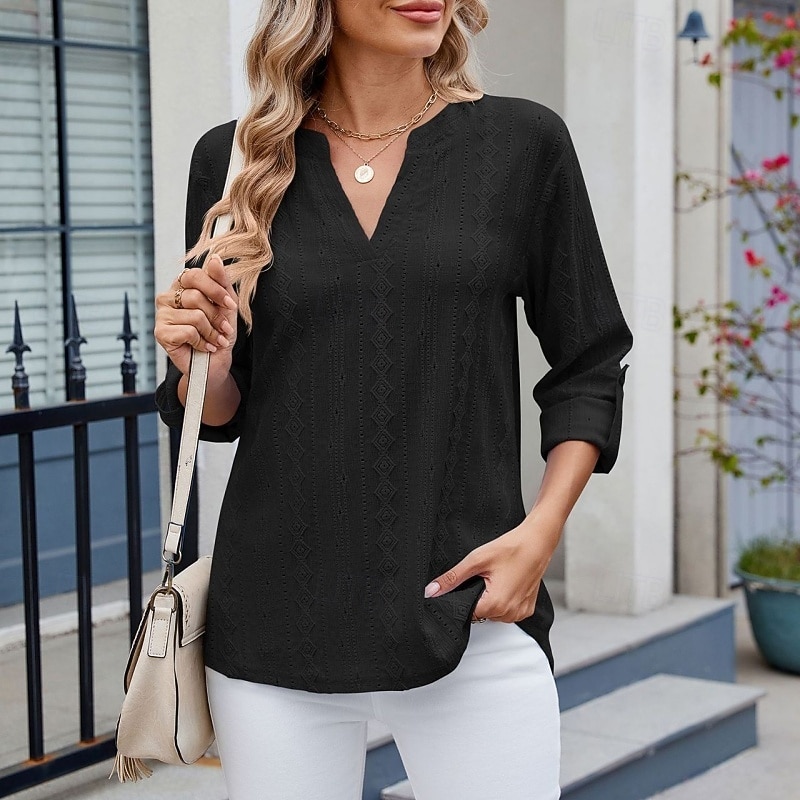 Women's Texture Blouse Eyelet Top Pointelle Tee T Shirt Eyelet Striped Fashion Classic Casual Long Sleeve V Neck Regular Tops Casual Daily Beach Black White Navy Blue Sky Blue Orange Summer Spring 2026 - $28.99 –P13