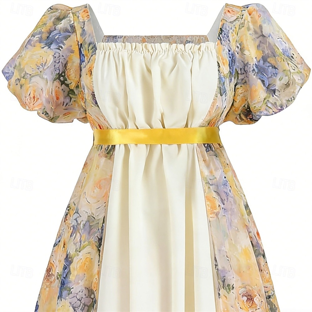 Médiéval Renaissance 19ème siècle Longueur au sol Robe Manches courtes Princesse Floral Imprimé Floral Col carré Déguisement Femmes Carnaval Foire de la Renaissance LARP Soirée à thème rétro Adulte de 2026 ? $83.99 –P5