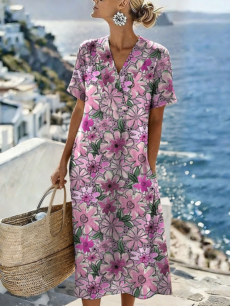 Per donna Abito Midi Abito a Tubino Vestito Estivo Vacanza Casual Spiaggia Vestibilità regolare Floreale Grafico Manica Corta Scollo a V Blu Bianco Rosa Viola Estate Primavera del 2026 a $39.99 –P2