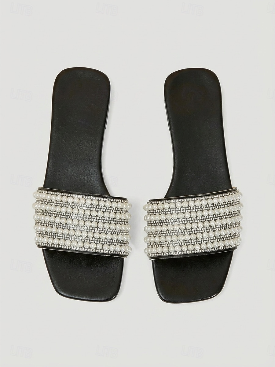 Women's Black Pearl Decorated Slide Sandals - Chic Flat Beach Slippers with Faux Pearl Straps for Island Vacations, Summer Resorts & Elegant Poolside Lounging 2026 - $19.99 –P3