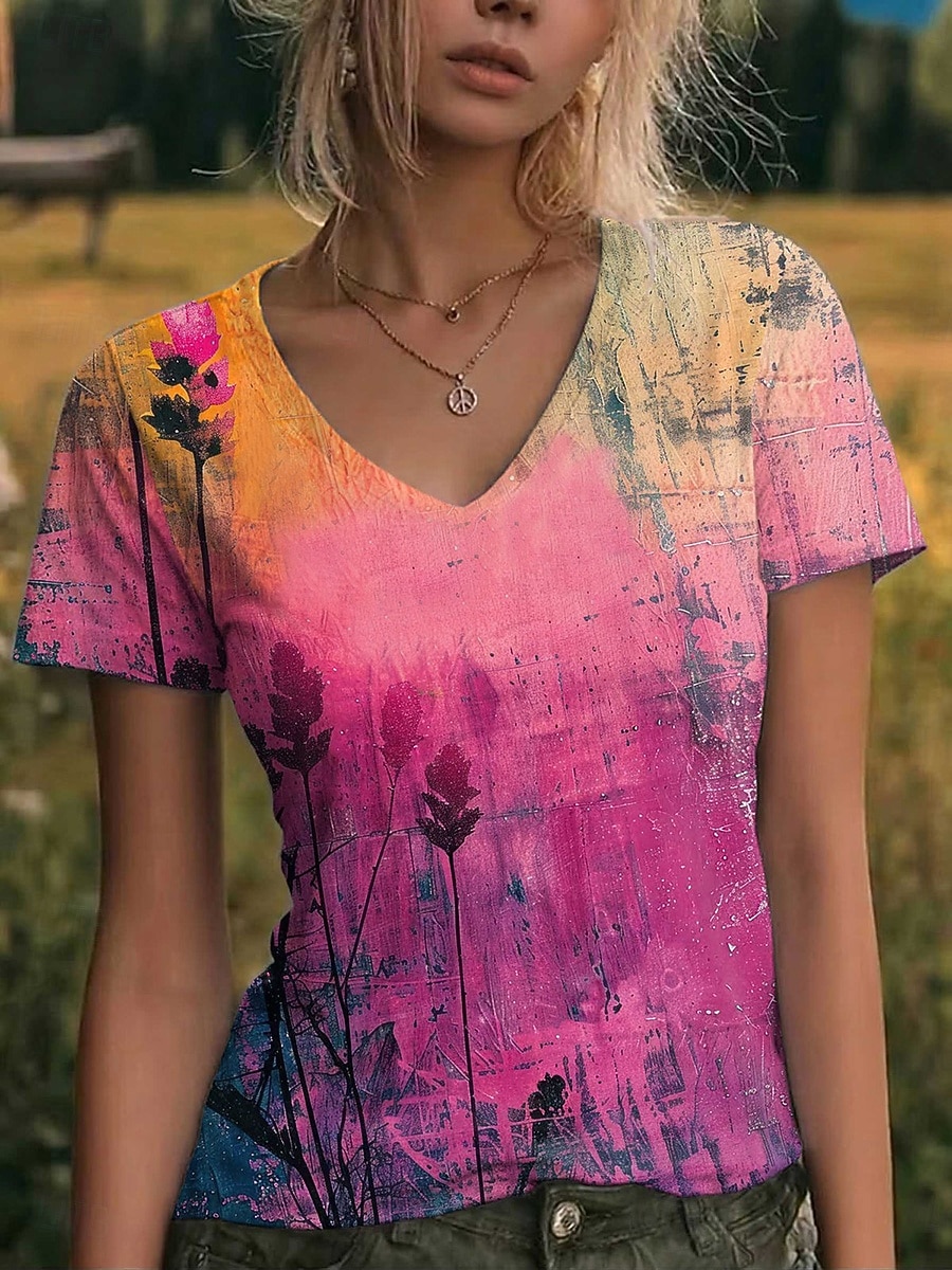 Mujer Camiseta Estampado Graphic Abstracto Vintage Elegante Clásico Manga Corta Escote en Pico Tops regulares Casual Diario Noche Rosa Verde Trébol Verano Primavera 2026 - $21.99 –P2