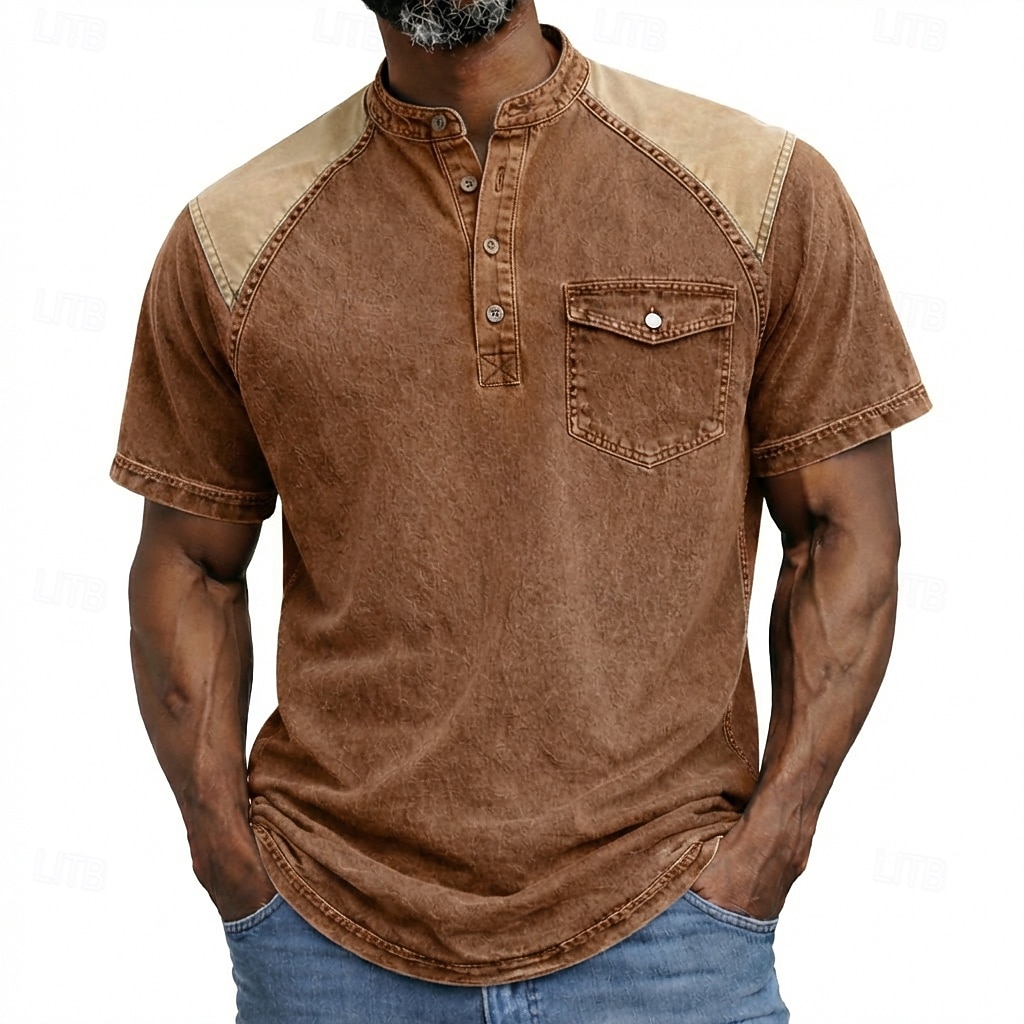 Men's Henley Shirt 100% Cotton Acid Wash Shirt Short Sleeve Plain Solid Vintage Retro Vintage Casual Zipper Vintage Style Garment Dyed Henley Casual Spring & Summer Summer Spring Black Pink Light 2026 - $33.99 –P9