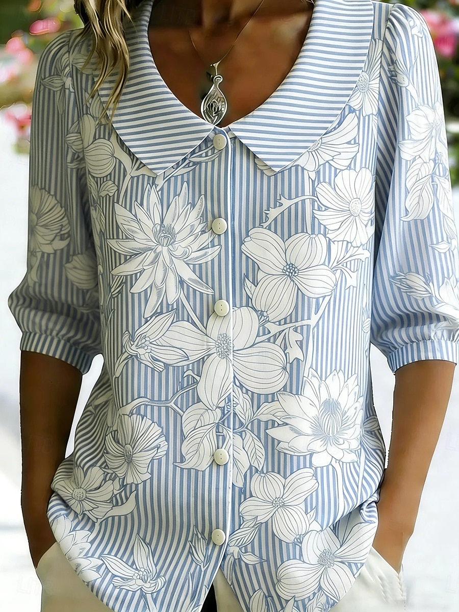 Per donna Camicia Camicia Boho Floreale Grafico A righe Elegante Bohemien Vacanza Collare Peter Pan Top Regolari Quotidiano Ferie Uscire Blu Giallo Verde Estate Primavera del 2026 a $34.99 –P3