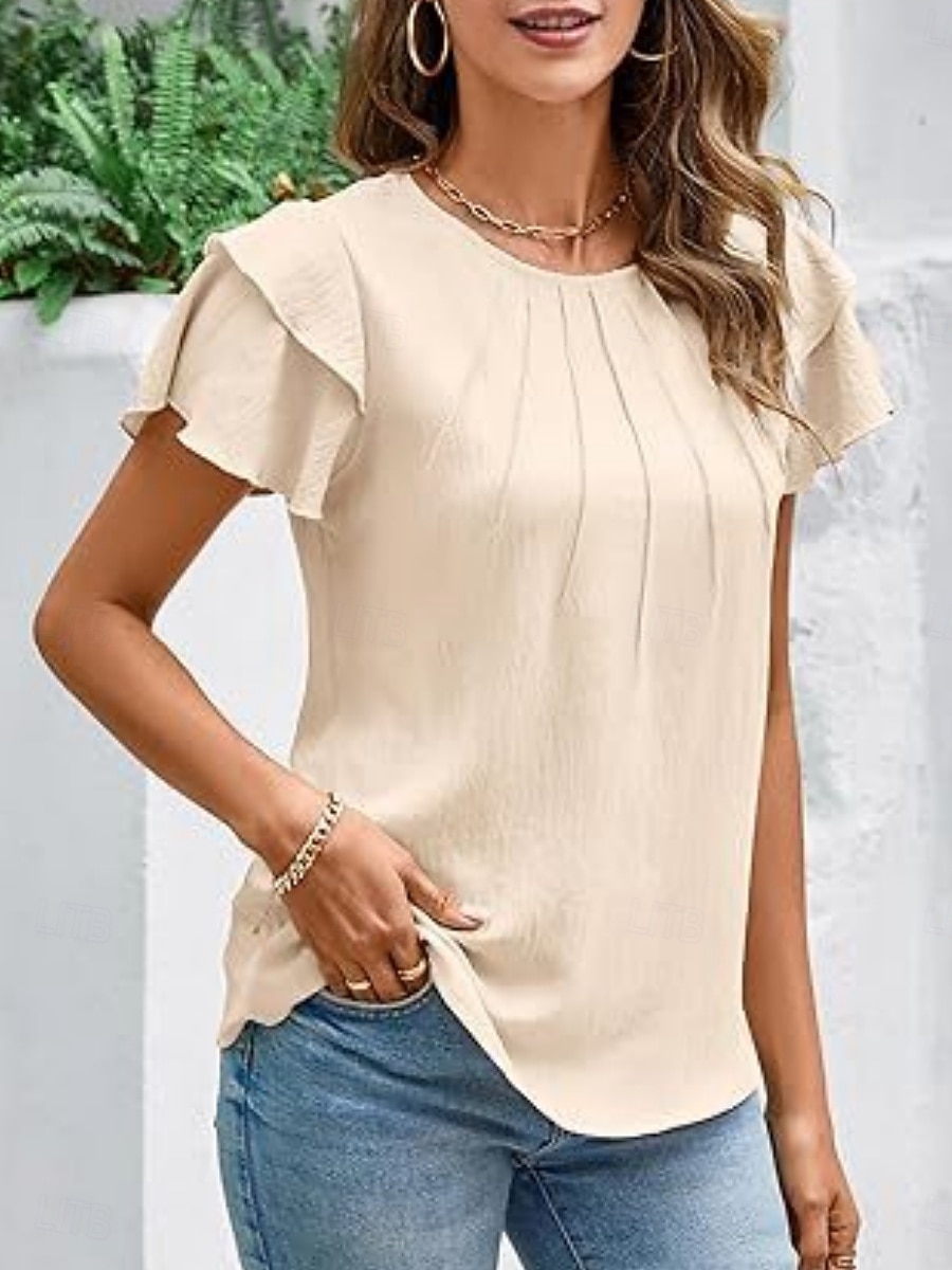 Dames T-shirt Met ruches Effen Elegant Modieus Stijlvol Korte mouw Strakke ronde hals Normale tops Dagelijks Uitgaan Weekend Zwart Wit Marineblauw Groen Abrikoos Zomer Lente 2026 - $21.99 –P11