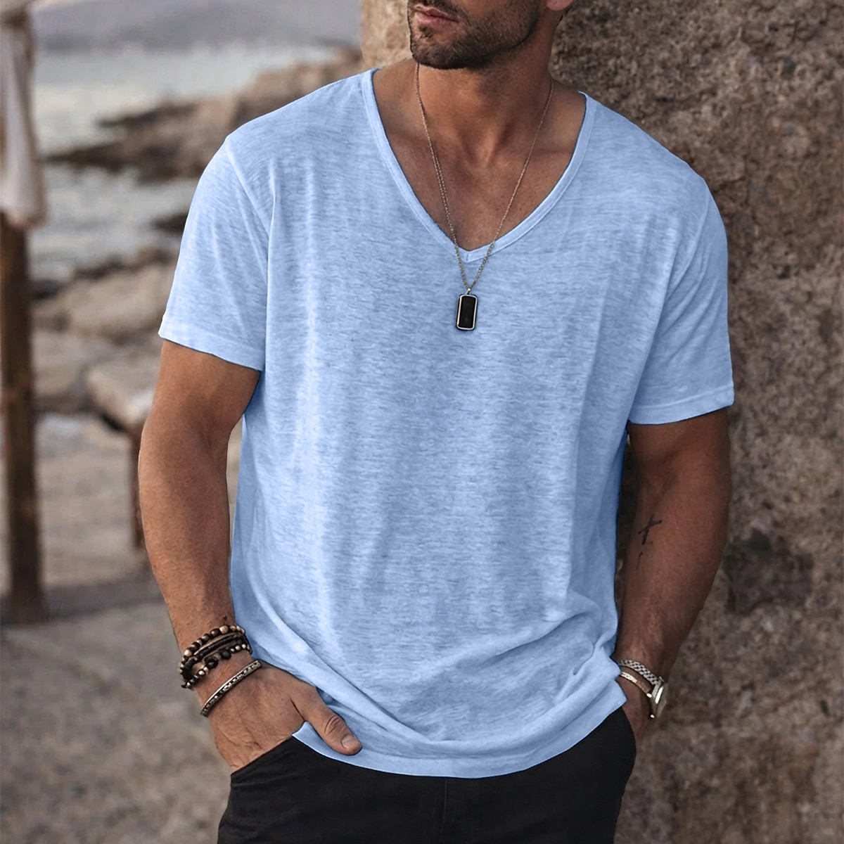 Per uomo Maglietta Camicia a Maniche Corte Maglietta in lino Manica Corta Scollo a V Estate Primavera Tinta unica Semplice Striscia di Fossa Streetwear Elegante Casual Puro Casuale Quotidiano del 2026 a kr.196 –P1