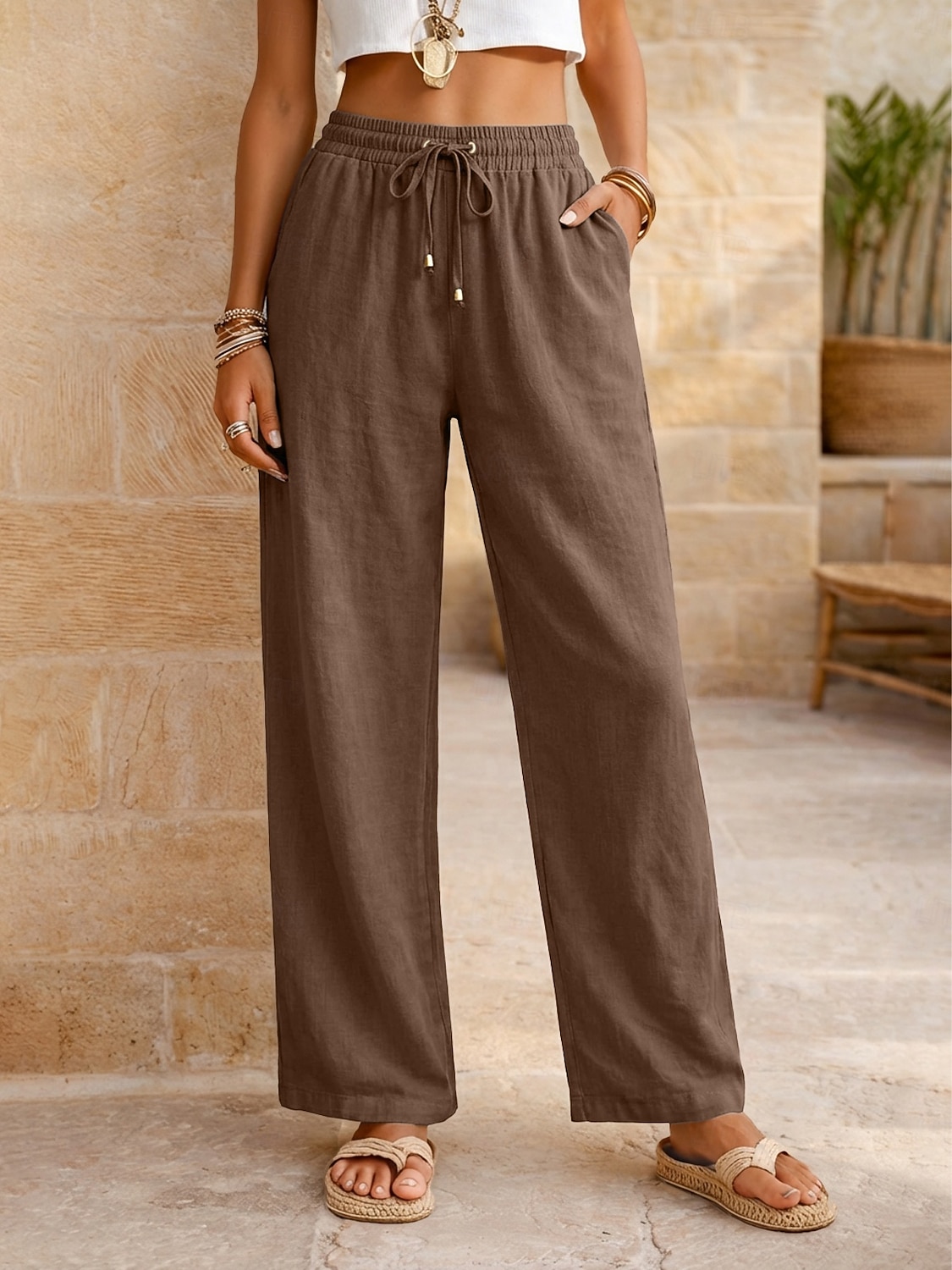 Women's Cotton Linen Pants Summer Pants Pants Trousers Vacation Basic Casual Daily Full Length Natural Plain Drawstring Front Pocket Comfort Breathability Comfortable Inelastic Daily Going out Weekend 2026 - $22.99 –P24