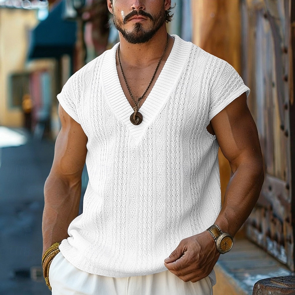 Men's T-Shirt Outfits Tee Top Sleeveless V Neck Spring & Summer Summer Spring Knitwear Hawaiian Designer Knitted Casual Daily Home White Top Tee for Men 2026 - $21.99 –P1