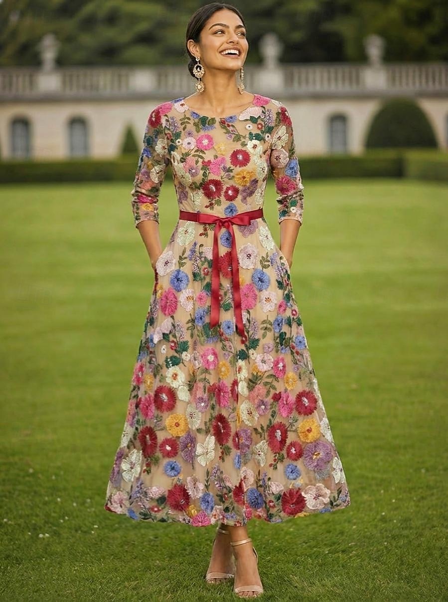 A-lijn Jurken Tot de enkel Feestjurk Cocktail jurk Moeder van de bruid jurk 3/4 mouw Strakke ronde hals Elegant Vintage Formeel Bruiloft gast Feestdagen Chiffon Tule met Borduurwerk Appliqués Bloem 2026 - $194.99 –P1