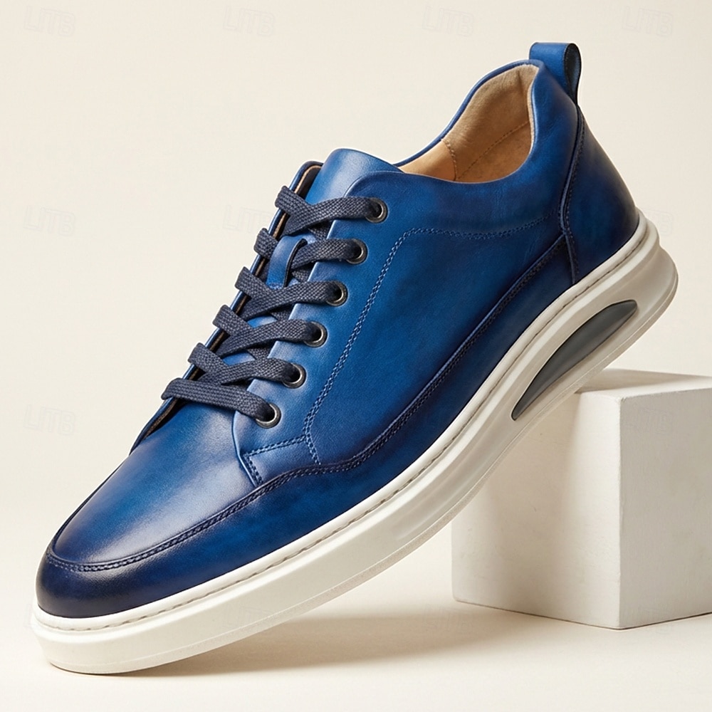 Men's Blue Genuine Leather Casual Sneakers Lace-Up Lightweight Comfort Walking Shoes for Daily Wear, Travel, Commuting, Weekend Outings and Smart Casual Style 2026 - $94.99 –P7
