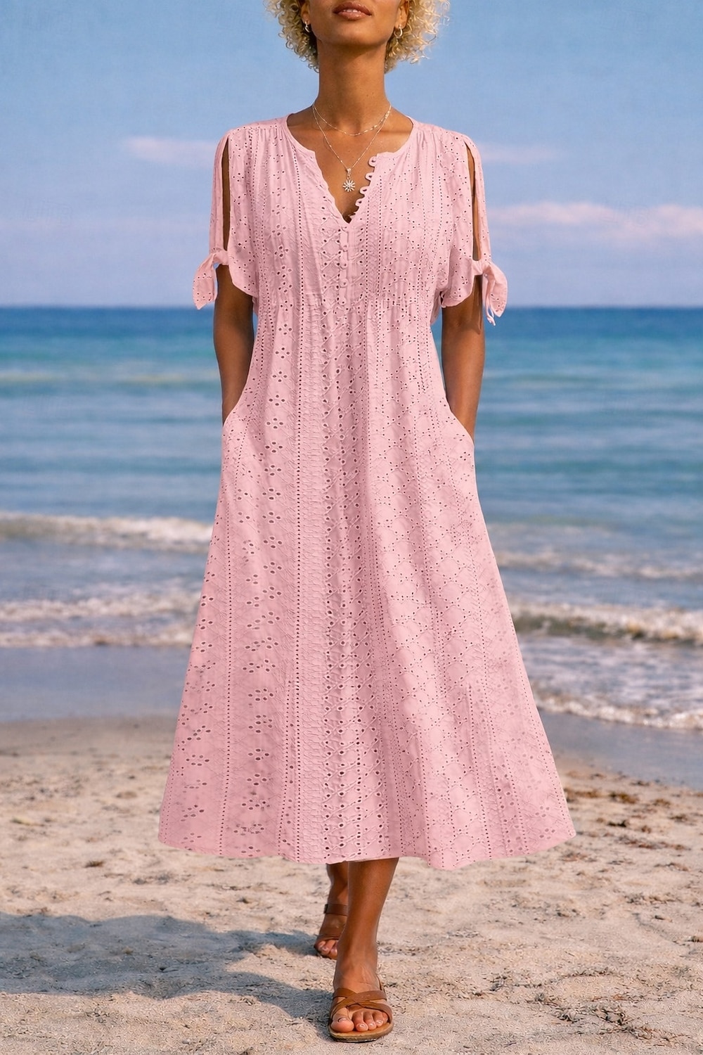 Women's Midi Dress Boho Dress A Line Dress Summer Dress Elegant Fashion Modern Daily Outdoor Beach Loose Fit Plain Short Sleeve V Neck White Purple Light Blue Summer Spring 2026 - $24.99 –P5
