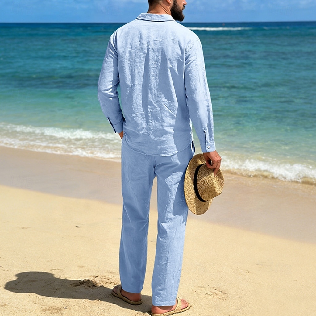 Homme Chemise en lin Deux pièces Ensemble Chemise Et Pantalons en Lin Pantalons Pantalon décontracté Set Uni Quotidien Extérieur Plage Col Rabattu manche longue Été Printemps Mode Occasionnel de 2026 ? $41.99 –P15