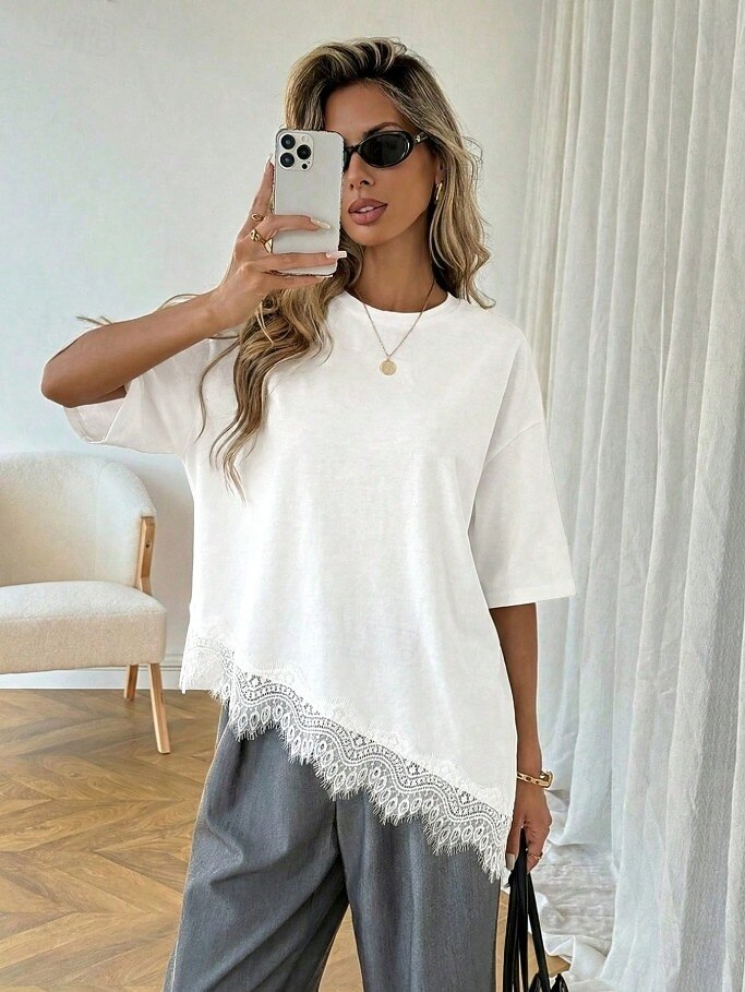 Γυναικεία Κομψή Χιτώνας Μπλουζάκι Ασύμμετρο στρίφωμα Σκέτο Κομψό Βοημία Κοντομάνικο Στρογγυλή Ψηλή Λαιμόκοψη Μακριές μπλούζες Causal Μαύρο Λευκό Καλοκαίρι Άνοιξη 2026 - $22.99 –P2