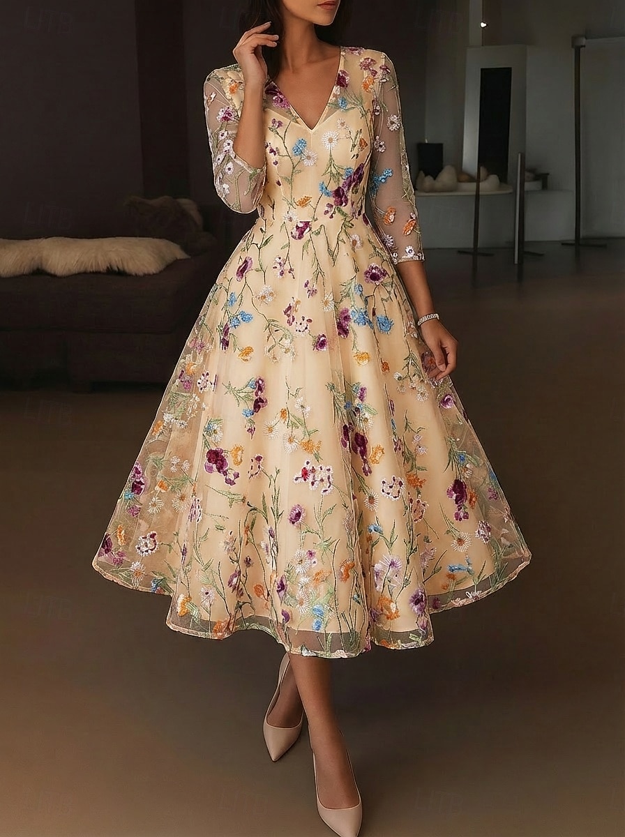 Linia -A Lungime Gleznă Rochii de cocktail Elegant Epocă Floral Manșon Jumate În V Petrecere în grădină Nuntă Satin Tulle cu Flori brodată Pliuri Broderie 2026 - $159.99 –P1