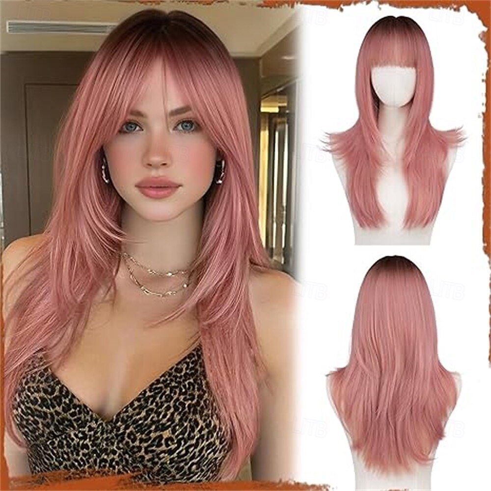 Long Straight Layered Auburn Blonde Wig with Bangs 24 Inch  display picture 3