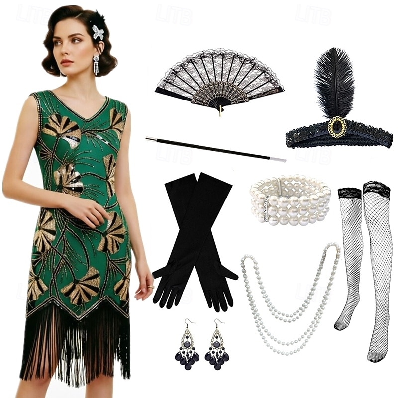 Roaring jaren '20 Jaren 1920 Retro vintage Tot de knie Flapper jurk Handschoenen Ketting Mouwloos The Great Gatsby Charleston Pailletten V-hals Kostuum Dames Halloween Carnaval Feesten & Uitgaan 2026 - $64.99 –P1