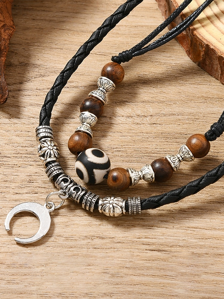 Men's Bohemian Style Double-Layer Necklace, Alloy & Leather Cord Mixed Material, Crescent Moon Pendant, Adjustable, Perfect for Beach Vacation, Daily Casual Wear 2026 - $9.99 –P7