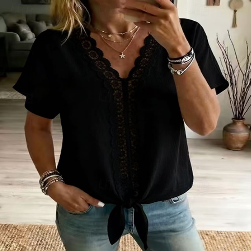 Women's Shirt Blouse Patchwork Lace Trim Fashion Casual Beach Sleeveless V Neck Regular Tops Casual White Pink Sky Blue Dark Blue Summer 2026 - $23.99 –P4