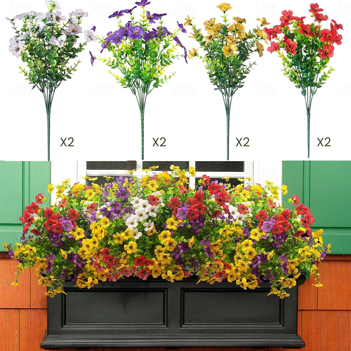 2026年 屋外の春の装飾用、人工造花8束。シルク製のカラフルな紫色のUV耐性リアルな造花で、屋外のポーチ、パティオ、庭、プランター、鉢、窓辺のプランターに最適です（ミックス）。  コレクション – $13.99 –P1