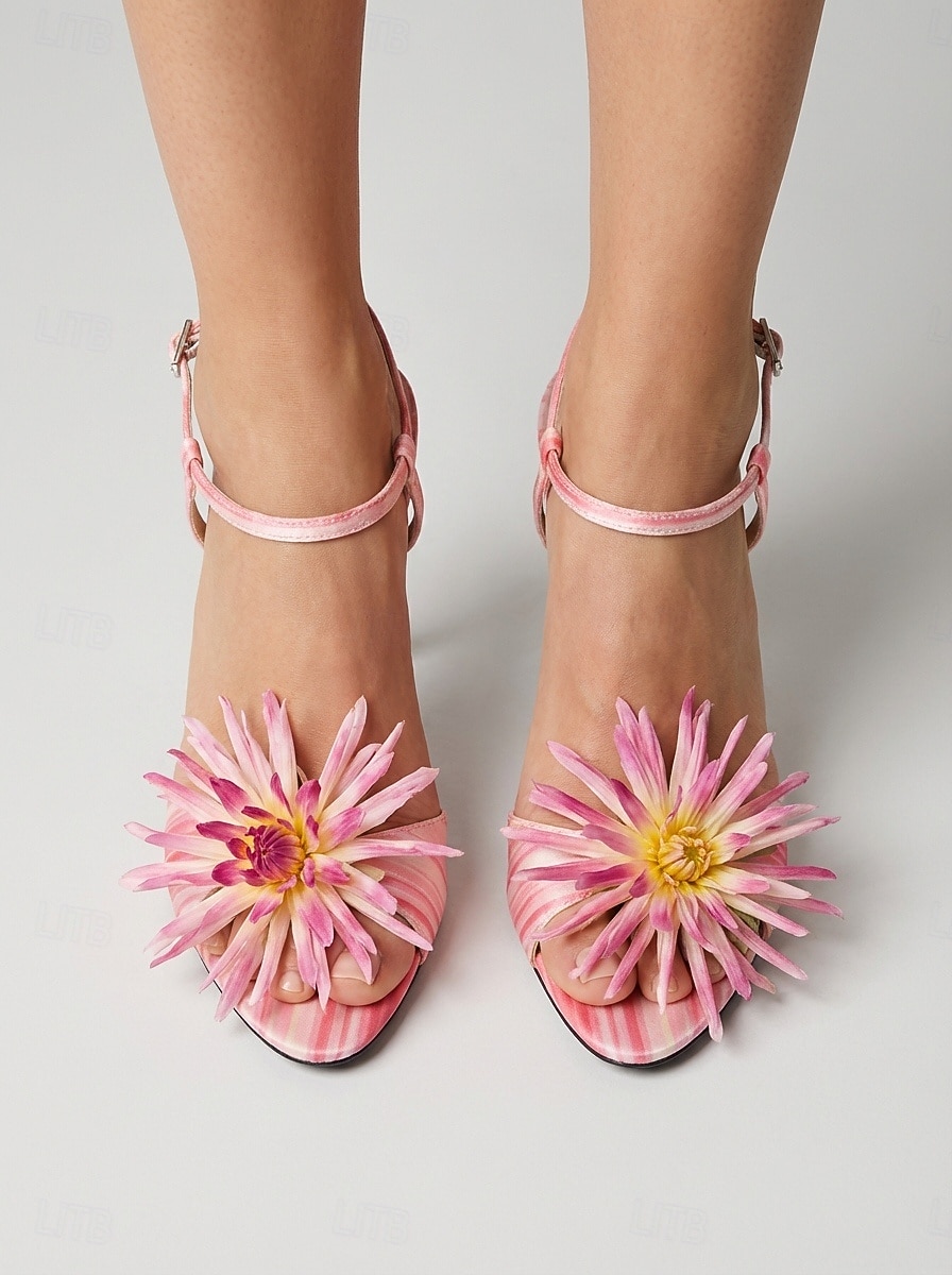 Sandalias de tacón alto rosas con estampado floral para mujer: ideales para cenas en resorts y cócteles. 2026 - $34.99 –P3