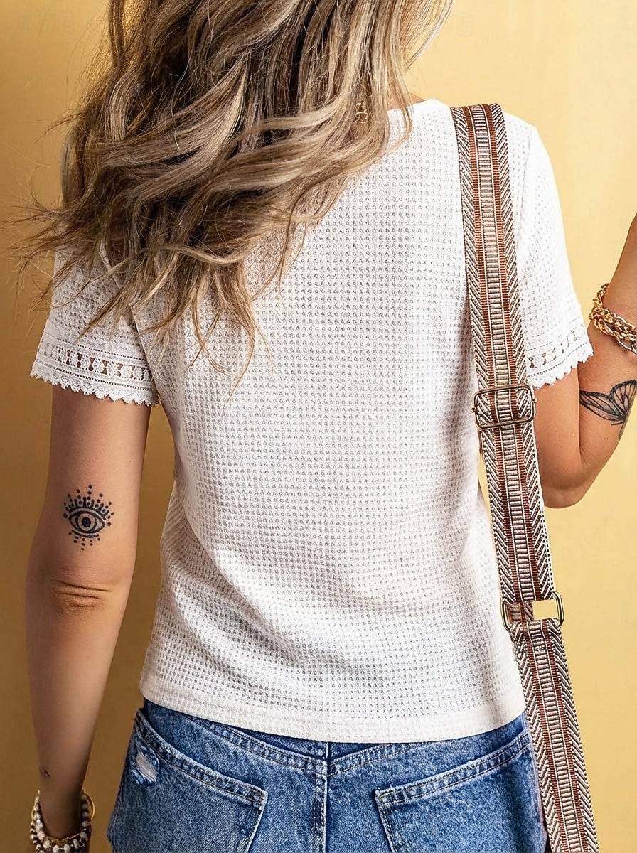 Women's Waffle T-shirt Lace Splicing Top Tee Top Elegant Stylish Short Sleeve V Neck Regular Tops Casual Going out Vacation Wear Blue Black White Green Apricot Summer Spring 2026 - $22.99 –P5