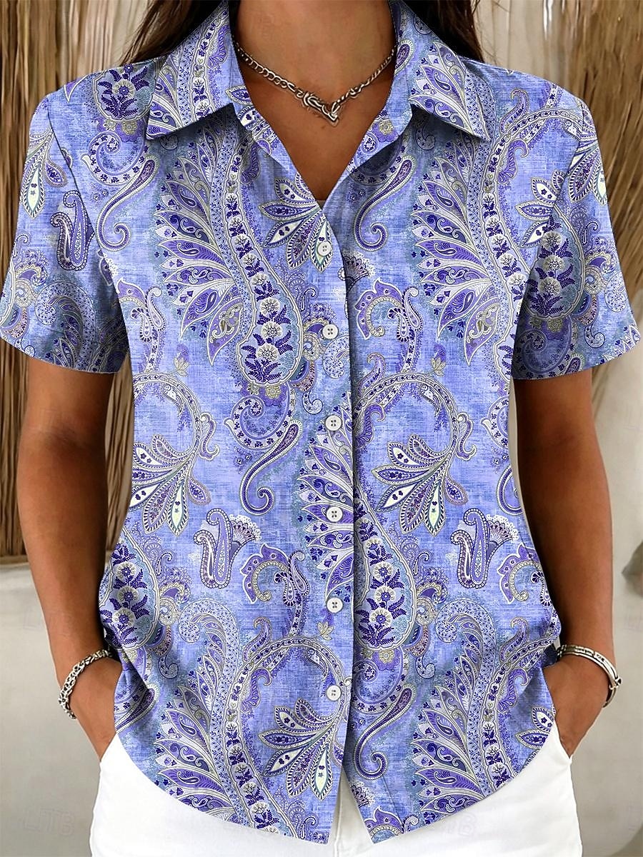 Γυναικεία Πουκάμισο Κουμπιά Στάμπα Γραφική Λαχούρι Βίντατζ Στυλάτο Μοντέρνα Κοντομάνικο Κολάρο Πουκαμίσου Κανονικά μπλουζάκια Causal Καθημερινά Θαλασσί Κίτρινο Ανθισμένο Ροζ Βαθυγάλαζο Βυσσινί 2026 - $26.99 –P5