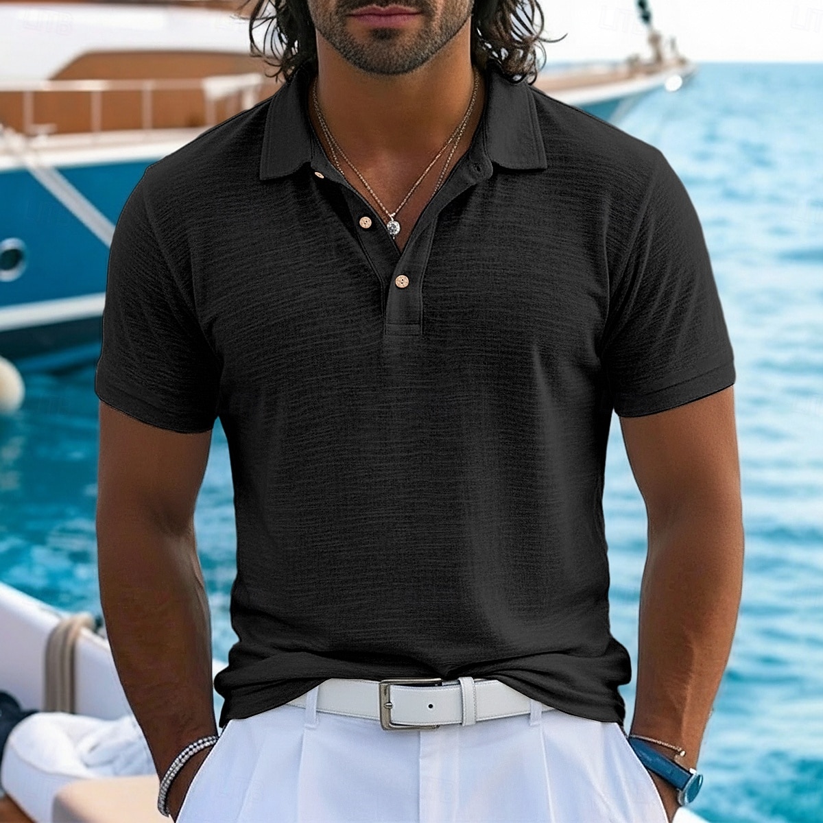 Voor heren Linnen overhemd Poloshirts Casual Vakantie Klassiek Korte mouw Vakantie Modieus Effen Met Textuur Knop Zomer Lente Normale pasvorm Meerblauw Zwart Blozend Roze Groen Licht Blauw Linnen 2026 - $20.99 –P7