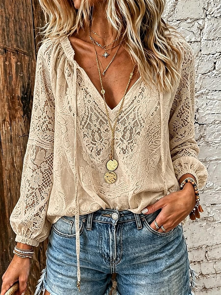 Damen Hemd Boho-Hemd Bluse Spitze Patchwork Einfarbig Basic Lässig Langarm V Ausschnitt Normale Oberteile Lässig Täglich Schwarz Weiß Rosa Khaki Sommer Frühling Herbst Winter 2026 - $25.99 –P4
