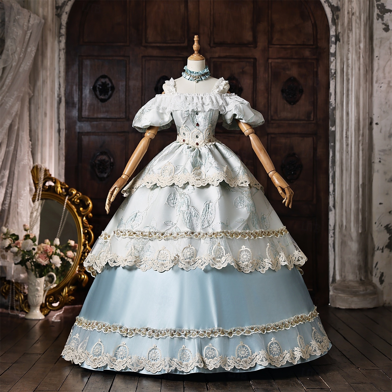 Rococo Baroque Ball Gown Floor Length Ball Gown Choker Short Sleeves Princess Bridal Royal Attire Off the Shoulder Ball Gown Square Neck Fancy Dress Women's Royal Halloween Carnival Masquerade Prom 2026 - $247.39 –P1