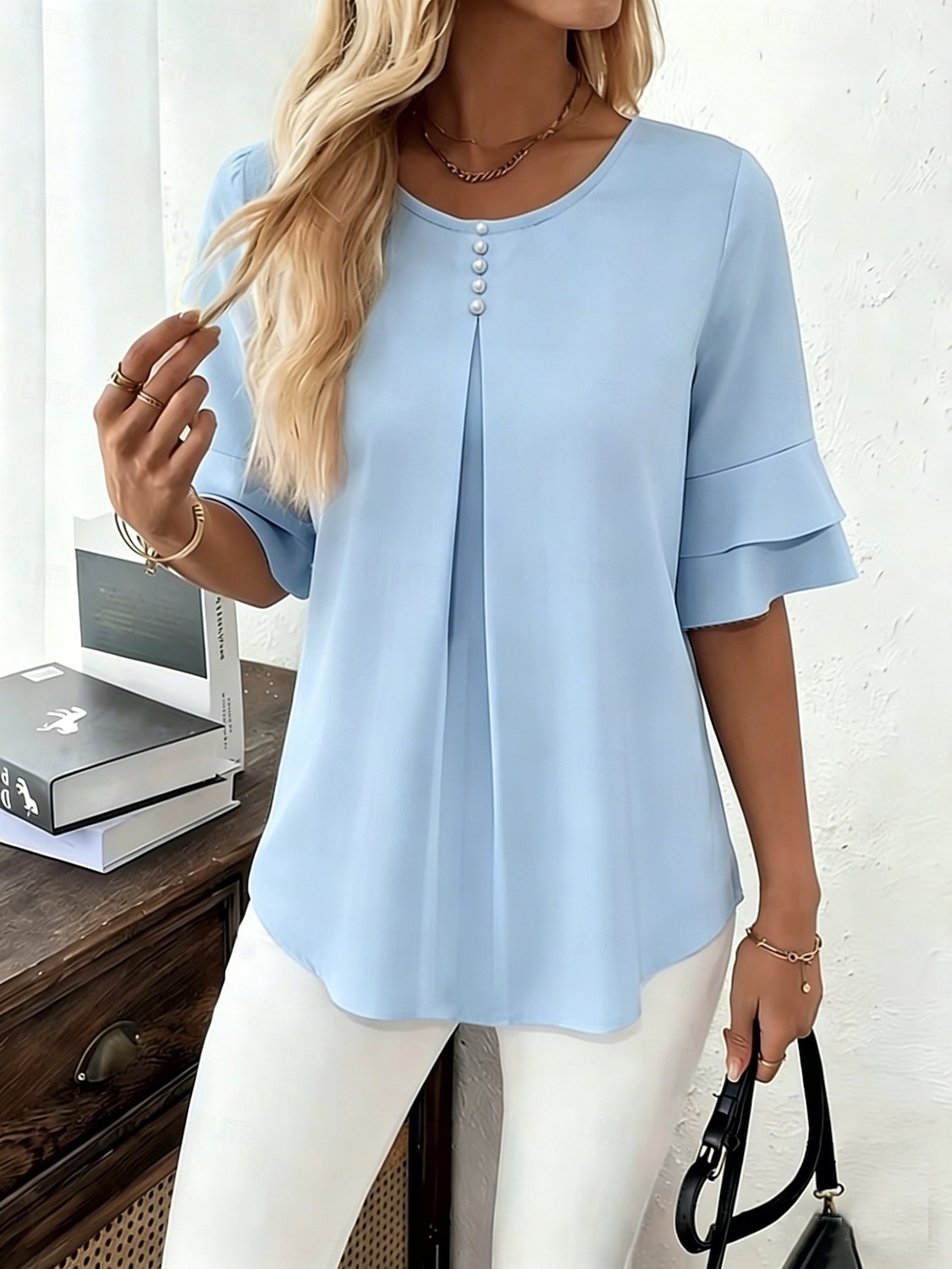 Per donna Camicia Blusa Tinta unica Elegante Vacanza Manica Corta Manicotto a foglia di loto Girocollo Top Regolari Casuale Quotidiano Blu chiaro Rosso-arancio Verde chiaro Rosa Viola chiaro Estate del 2026 a $27.99 –P4