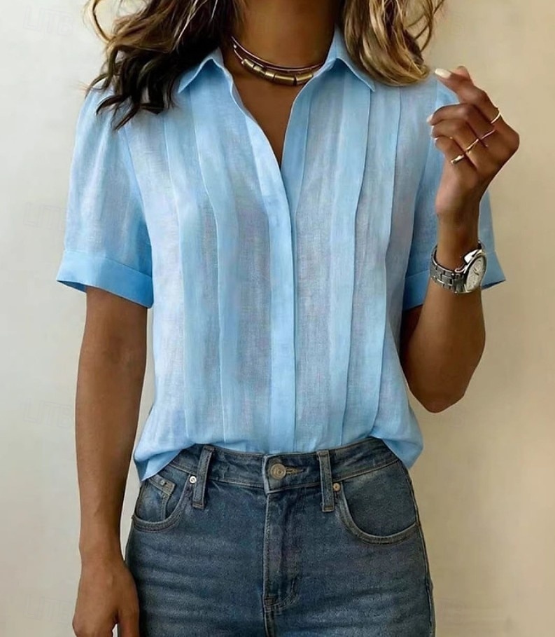 Mulheres Blusa Pregueado Botões Côr Sólida Tecido Vintage à moda Casual Manga Curta Colarinho de Camisa Tops regulares Casual Diário Azul Branco Amarelo Rosa Azul Marinha Verão Primavera de 2026 por $22.99 –P9