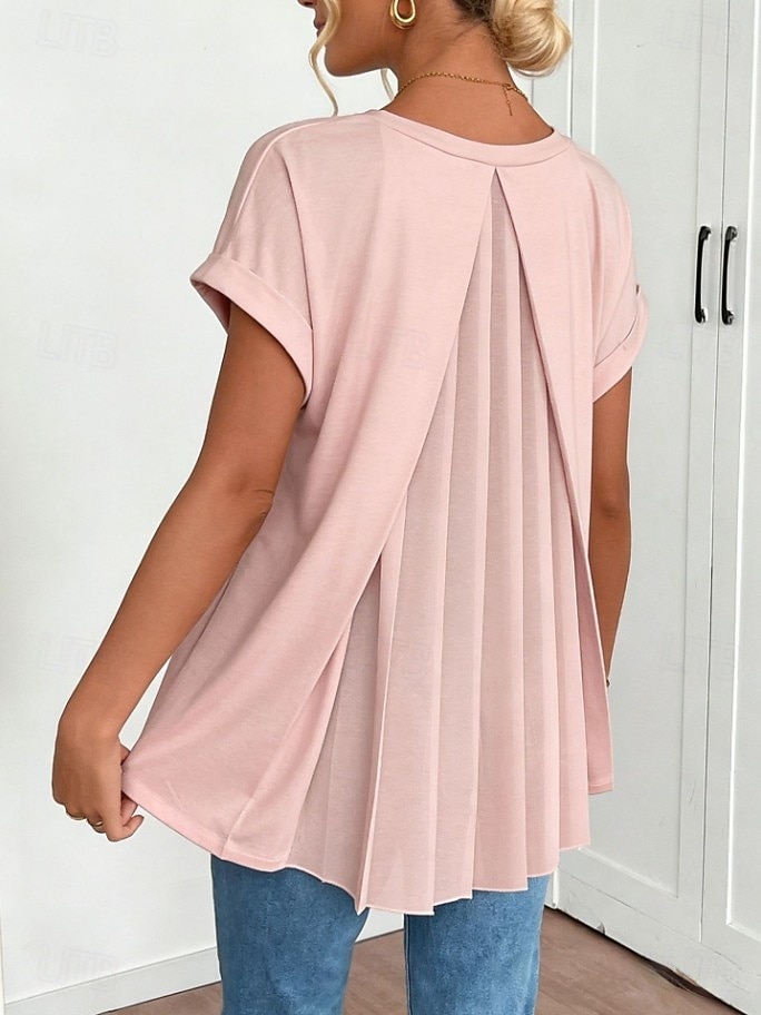 Women's Shirt Boho Shirt Pleated Elegant Vacation Daily Short Sleeve V Neck Long Tops Casual Daily Going out Black White Pink Sky Blue Green Summer Spring 2026 - $26.99 –P5