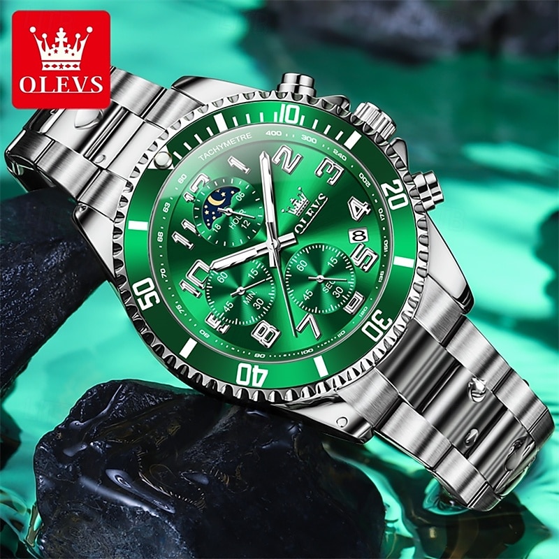 OLEVS Men's Chronograph Watch Luxury Green Face Two Tone Stainless Steel Moon Phase Waterproof Luminous Analog Quartz Wrist Watch for Men Big Face Fashion Sport Business Watch Gifts for Him 2026 - $39.99 –P15