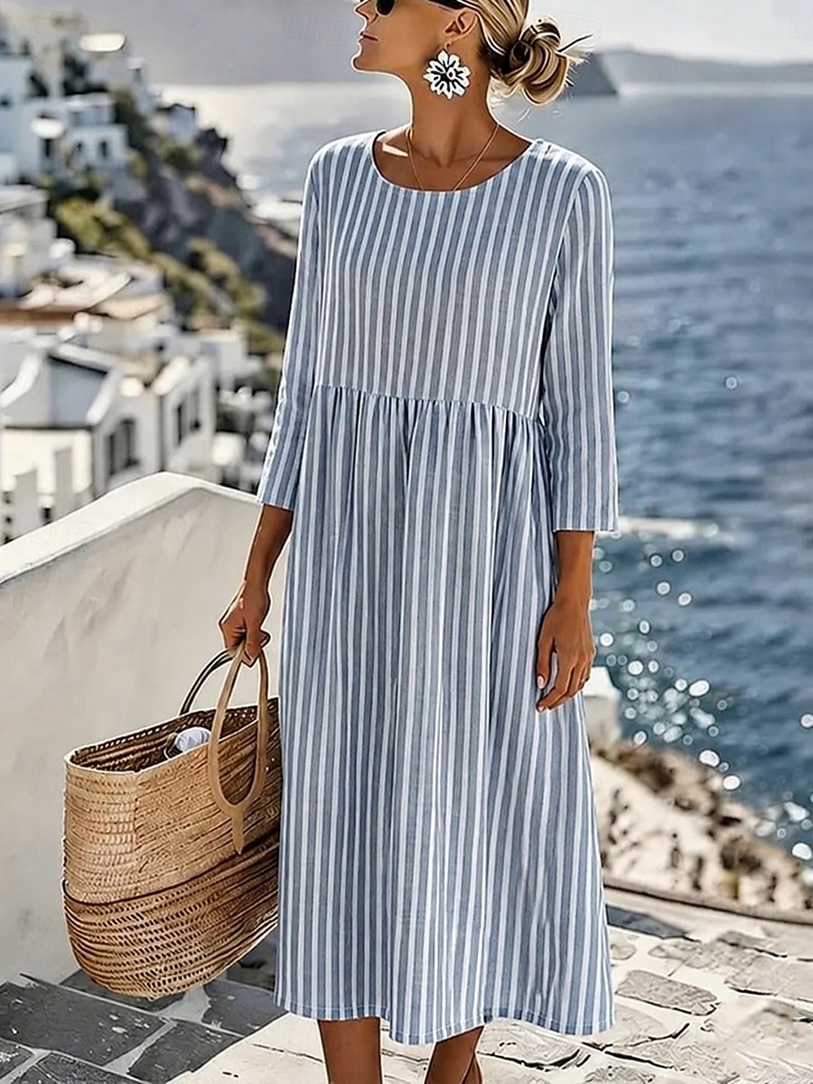Per donna Abito Midi Abito a Tubino Vestito Estivo Vacanza Casual Spiaggia Uscire Vestibilità regolare Grafico Geometrico A righe Manica 3/4 Girocollo Blu Rosso Verde Grigio Estate Primavera del 2026 a $34.99 –P1