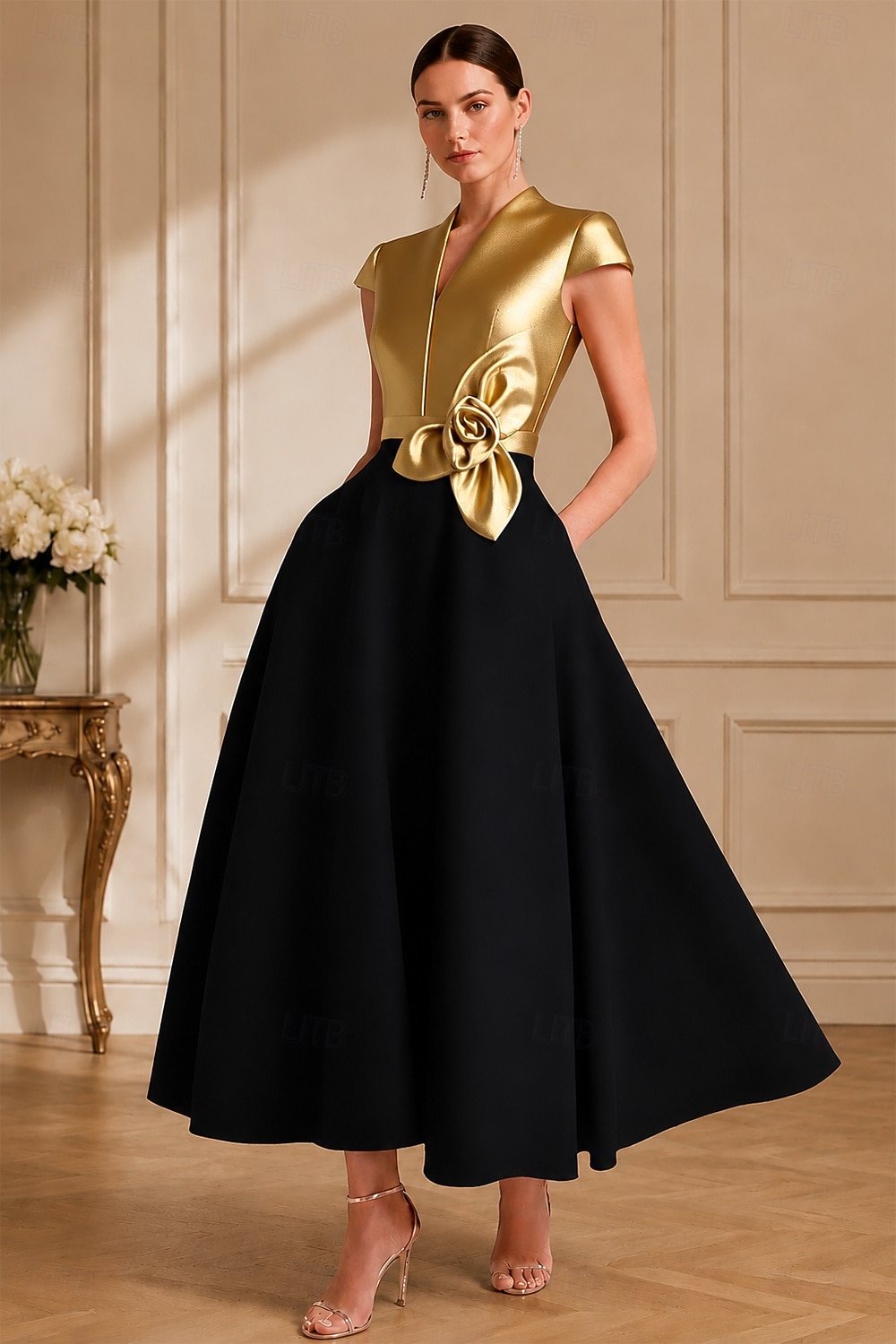 A-Linie Tee-Länge Cocktailkleider Partykleider Elegant Farbblock seidig Kurzarm V Ausschnitt Hochzeit Formell Tasche Satin mit Tasche 2026 - $172.99 –P10