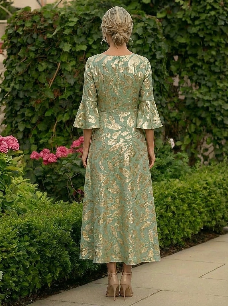 A-Line Ankle Length Tea Length Cocktail Dress Wedding Guest Dress Mother of the Bride Dress 3/4 Length Sleeve V Neck Elegant Formal Semi Formal Jersey with Floral Print Pleats 2026 - $159.99 –P3