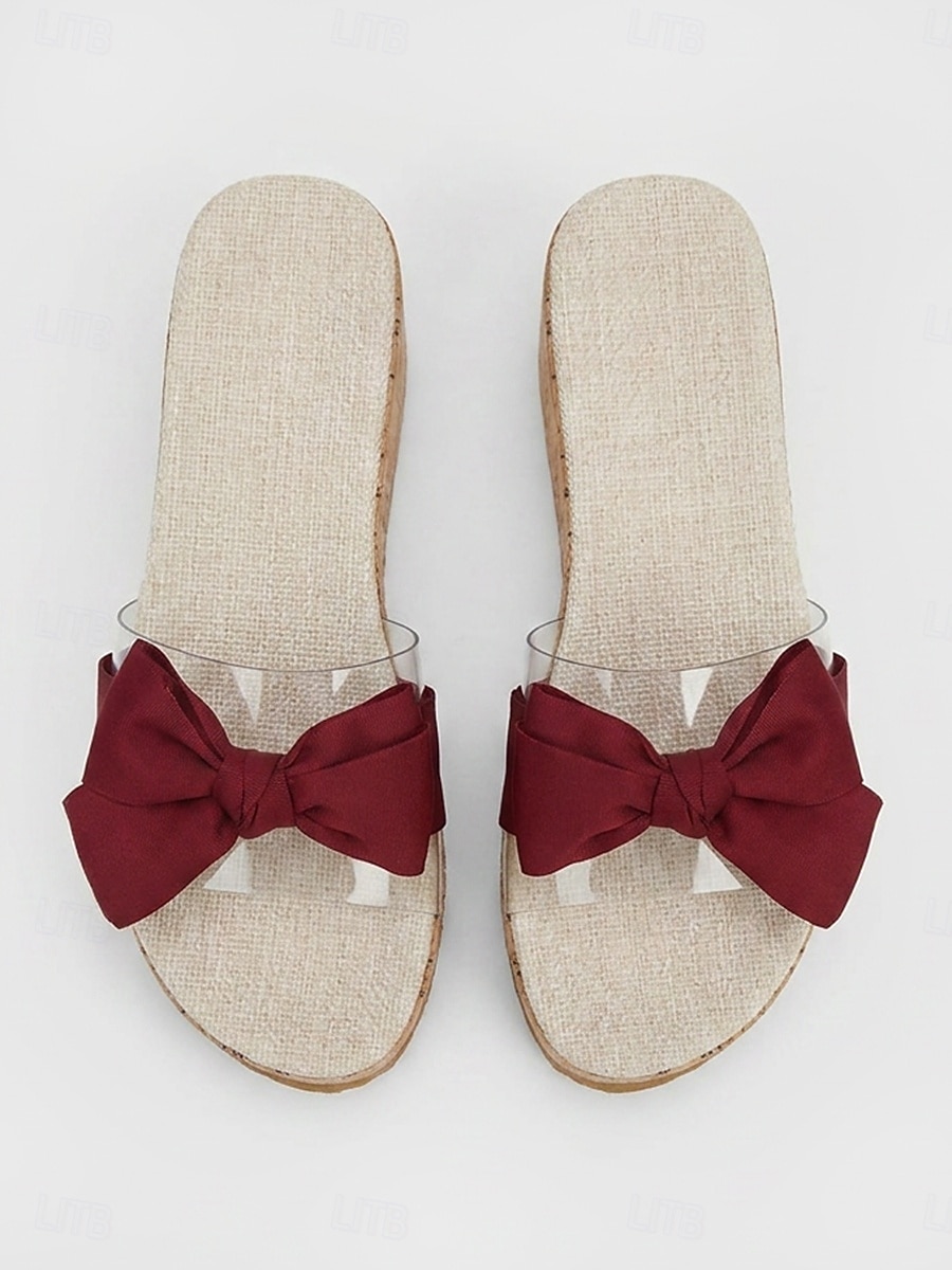 Sandali con zeppa e plateau da donna color bordeaux con fiocco - cinturini trasparenti per un look casual e feste estive in giardino &vacanze del 2026 a $26.99 –P4