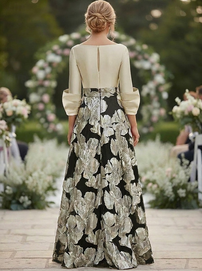 A-Line Floor Length Formal Dresses Evening Gown Mother of the Bride Dress 3/4 Length Sleeve V Neck Square Neck Elegant Simple Formal Wedding Guest Semi Formal Metallic Fabric Jacquard with Pleats 2026 - $171.99 –P3