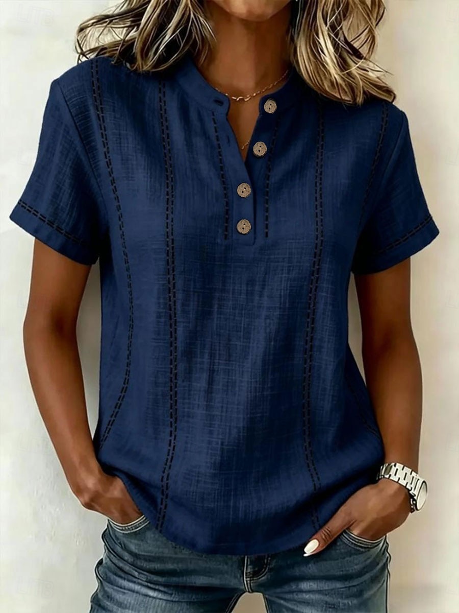 Femmes T-shirt Chemise Henley Boutons Rayé Mode Manche Courte Henley Hauts Réguliers Occasionnel Plage Été Blanche Vert Claire bleu marine Bleu Ciel Orange Été Printemps de 2026 ? $10.99 –P10