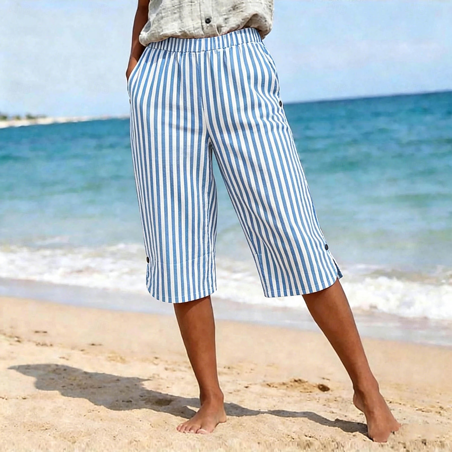Per donna Pantaloni capri Vacanza Essenziale Lunghezza al polpaccio Vita Alta Grafico A righe A strisce Confortevole Traspirante Inelastico Vacanza Formale Abbigliamento quotidiano Blu Nero Rosa Verde del 2026 a $32.99 –P4