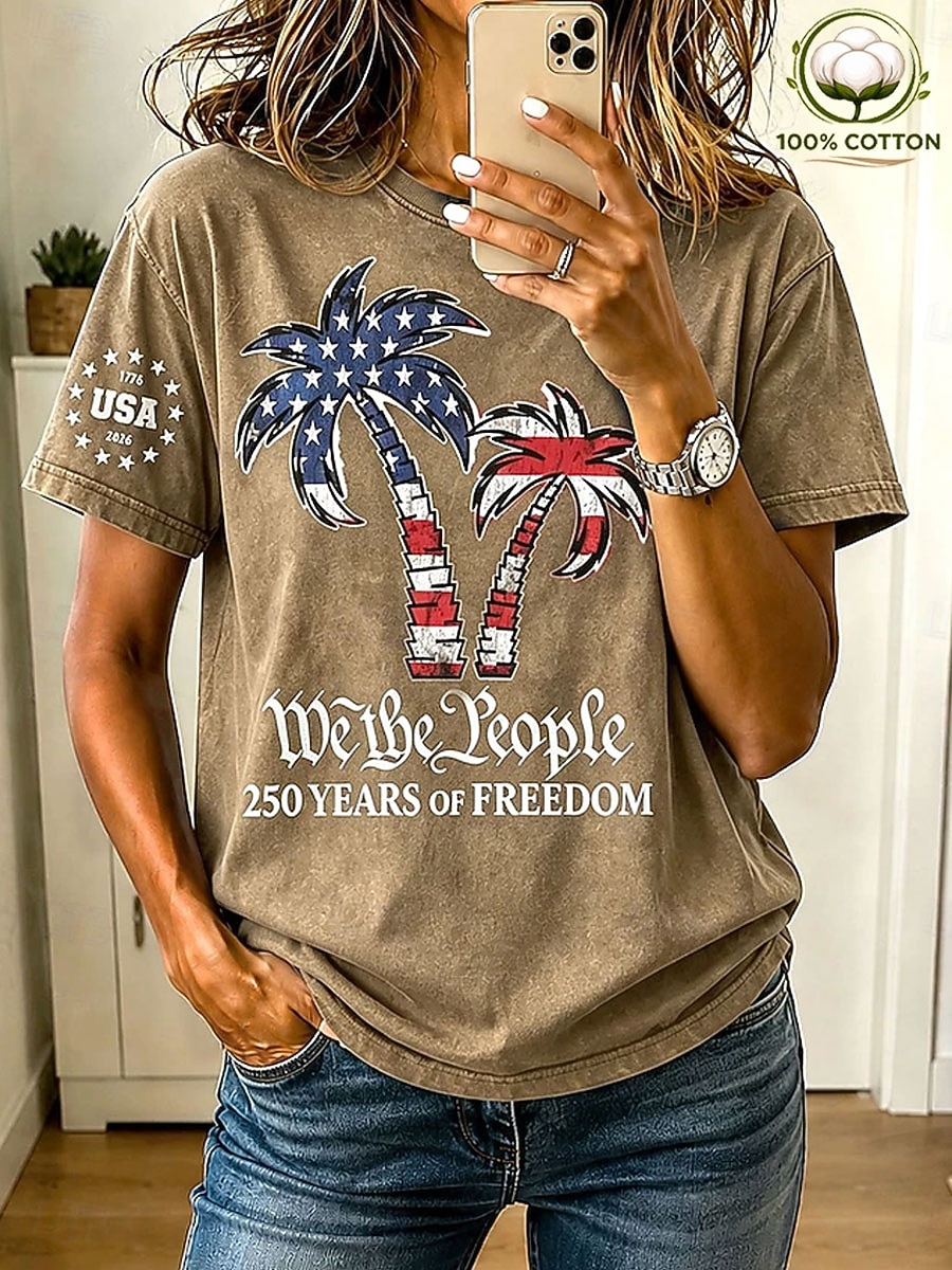 Amerikansk uavhengighetsdag Dame T skjorte Knapper Grafisk Flagg Planter Årgang Mote Stilfull Kortermet Crew-hals Vanlige topper Avslappet Daglig Blå Kakifarget Grønn Grå Sommer Vår 2026 - $33.99 –P1