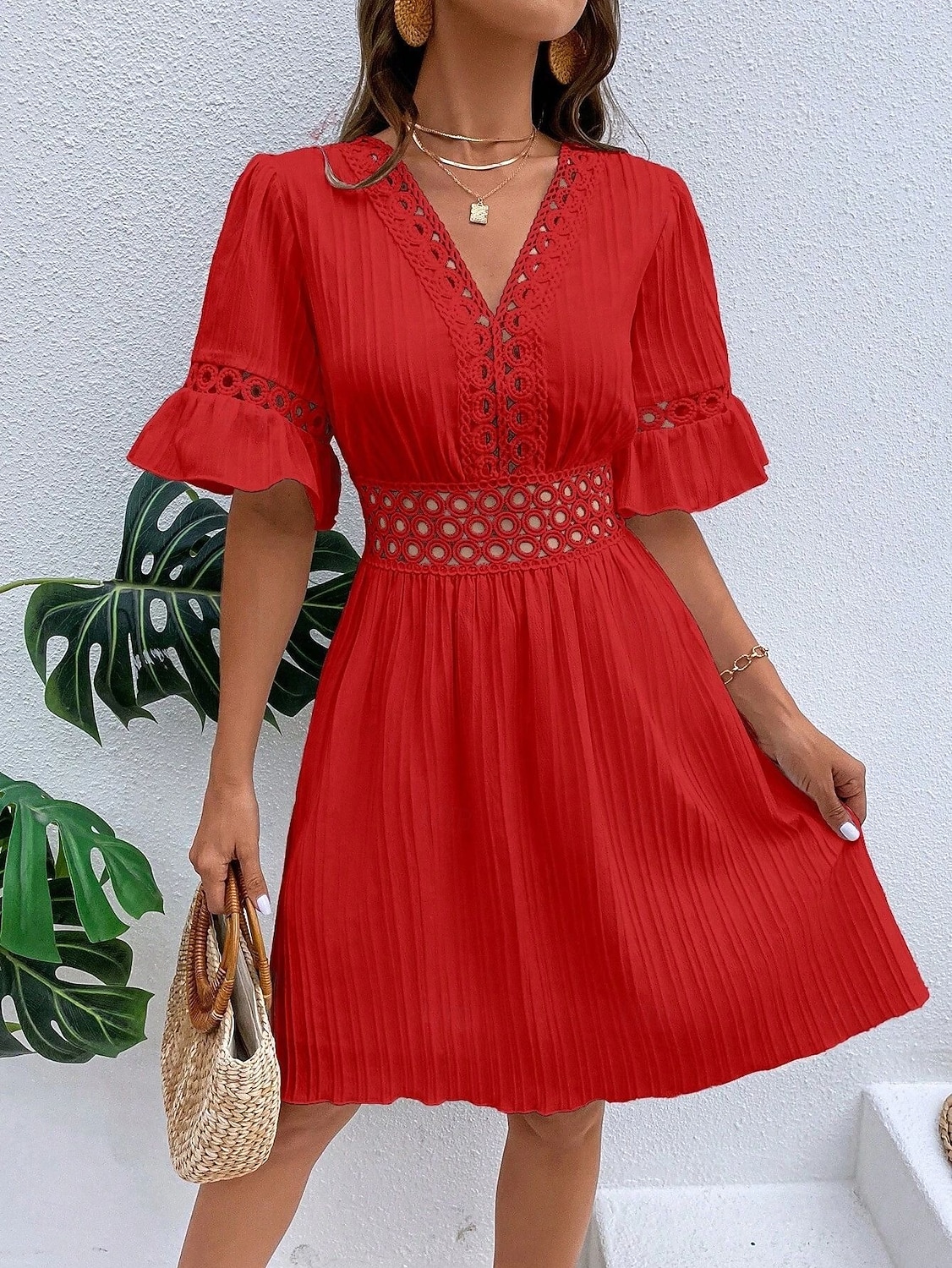 Women's Knee Length Dress Sundress Casual Dress Vacation Casual Boho Beach Party Date Regular Fit Plain Short Sleeve V Neck Blue White Yellow Red Summer Spring 2026 - $32.99 –P7