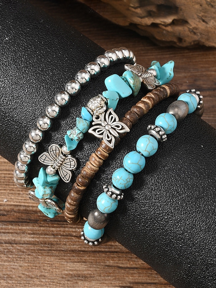 Dámská sada náramků v boho stylu s tyrkysovou barvou - vícevrstvé korálkové stohovatelné náramky s přívěskem motýl &slitinové doplňky pro letní dovolenou na pláži, každodenní nošení &dárek z hippie 2026 - $11.99 –P4