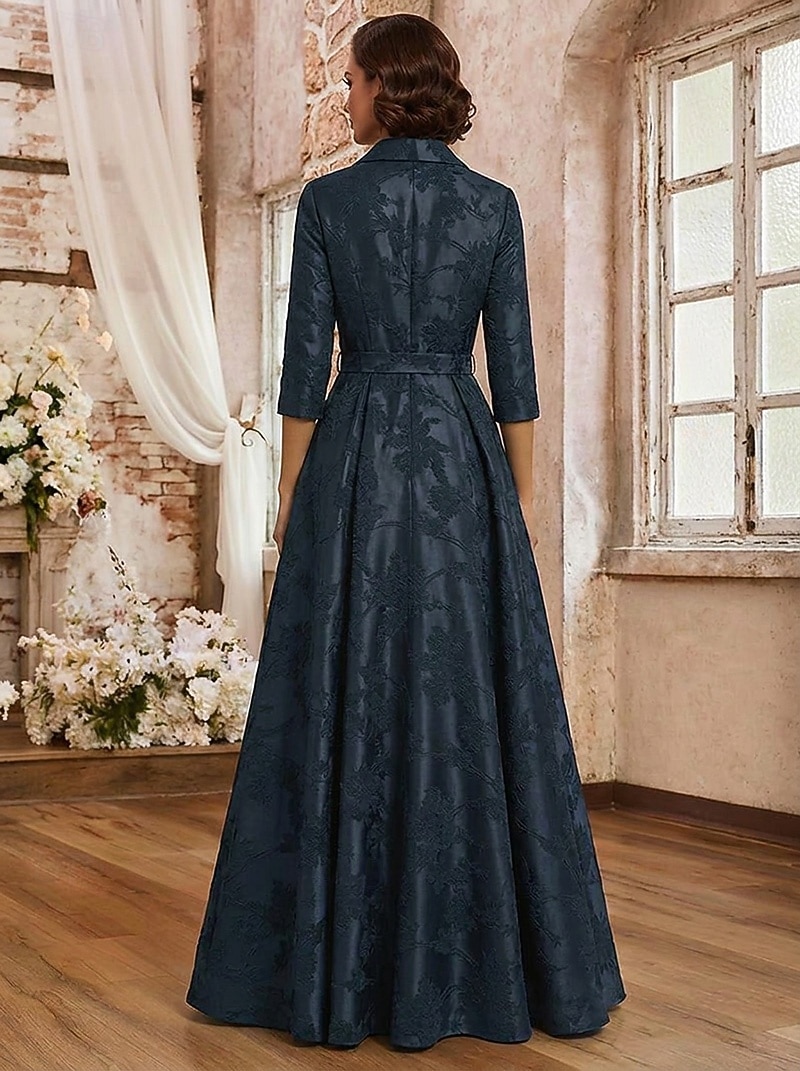 Ligne A Longueur au sol Robe de Cérémonie Robe de soirée Robe de Mère de Mariée  Manche 3/4 Col de chemise Élégant ancien Formel robe demoiselle d honneur Soirée Formelle Satin Jacquard avec Noeud(s de 2026 ? $194.99 –P3
