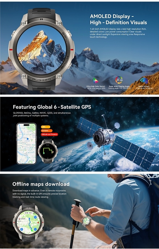 שעון חכם GPS לגברים עם מיקום גלובלי של 6 לוויינים, צג AMOLED בגודל 1.43 אינץ', שעון ספורט עמיד למים 5 אטמוספירות עם צג קצב לב ושינה לאנדרואיד iOS 2026 - $97.99 –P3